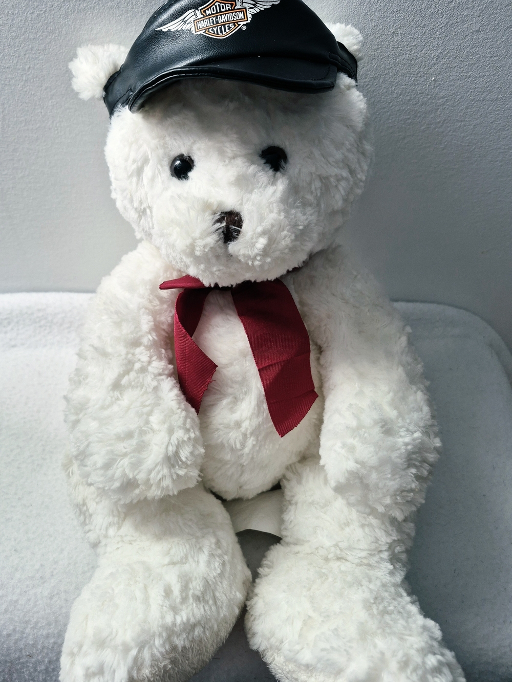 LOVEY Russ Berrie White Teddy Bear w/ Red 🎀 ❤️ & Harley-Davidson Vntage dog Cap
